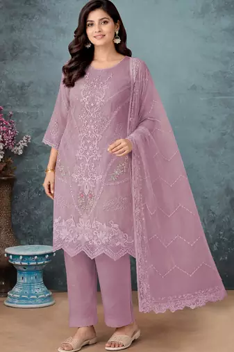 Lavender chiffon semi stitched suit with embroidery thread & khatli work