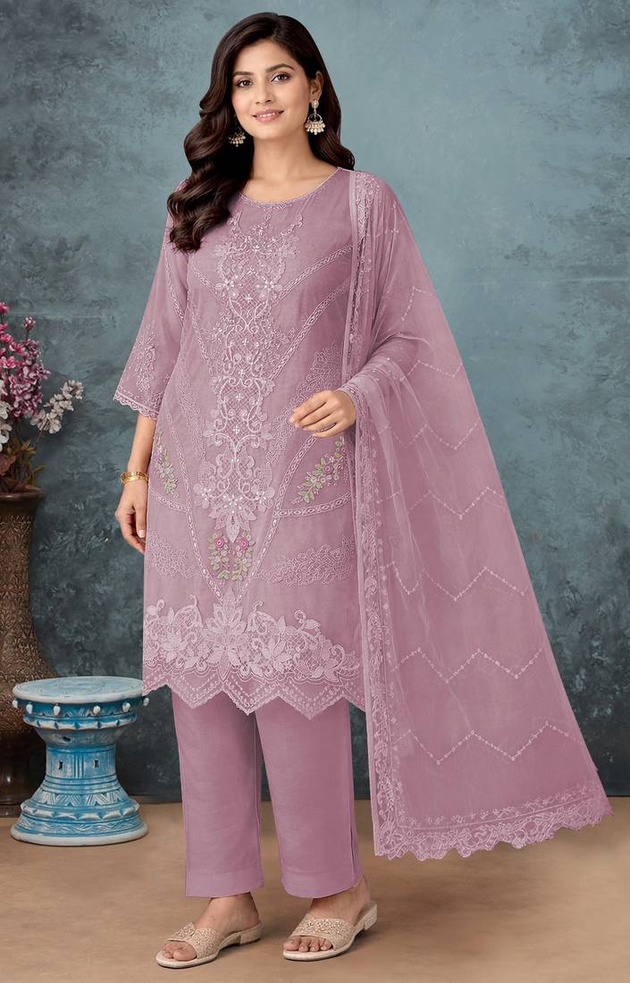 Lavender chiffon semi stitched suit with embroidery thread & khatli work