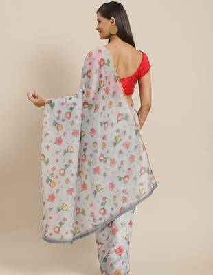 Grey printed organza ethnic saree with blouse piece 2