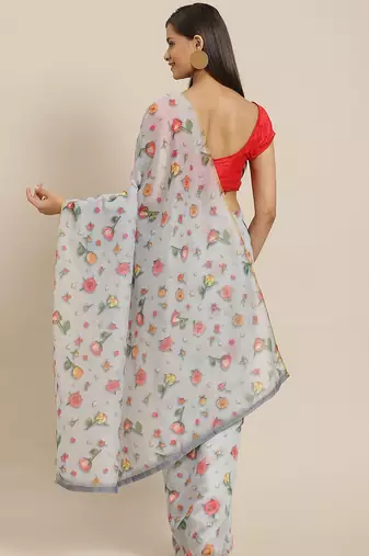Grey printed organza ethnic saree with blouse piece