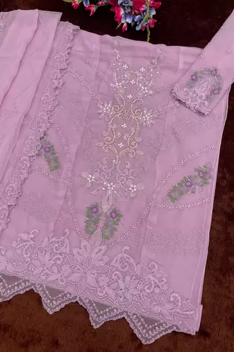 Lavender chiffon semi stitched suit with embroidery thread & khatli work