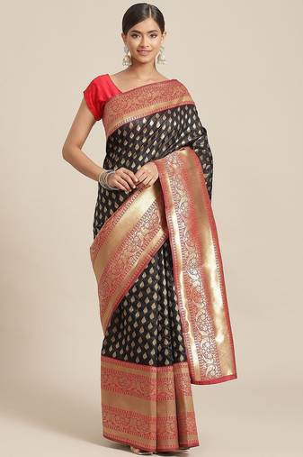Black woven art silk traditional saree with blouse piece