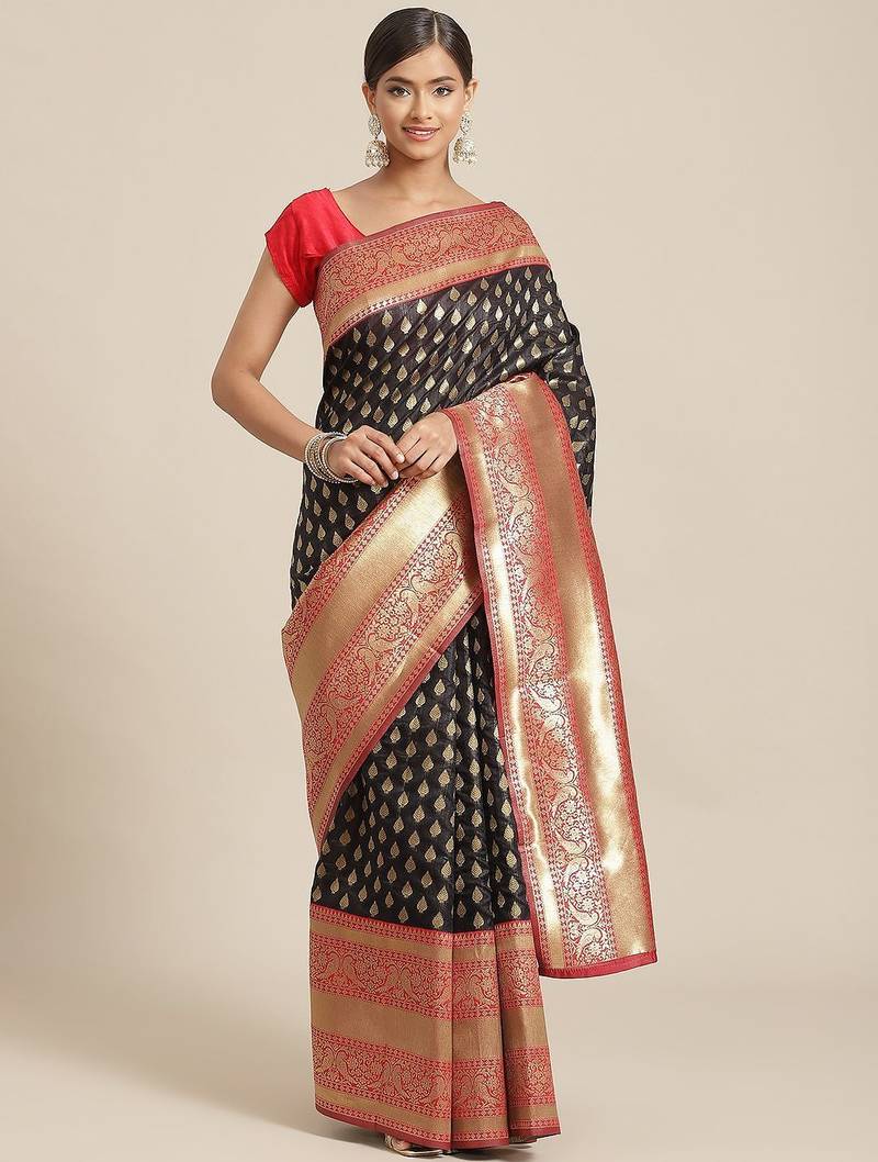 Black woven art silk traditional saree with blouse piece