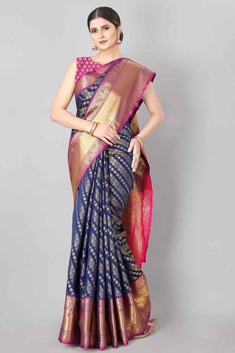 Navy blue woven art silk traditional saree with blouse piece