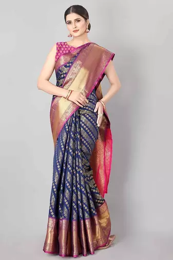 Navy blue woven art silk traditional saree with blouse piece