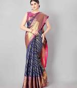 Navy blue woven art silk traditional saree with blouse piece