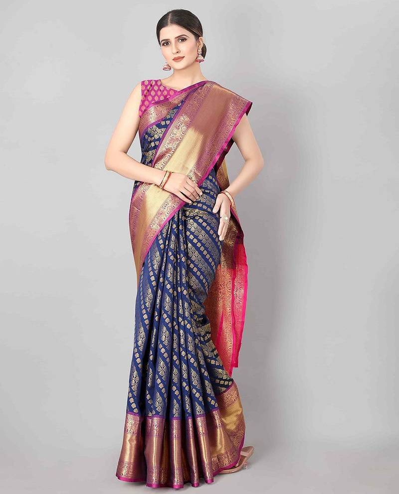 Navy blue woven art silk traditional saree with blouse piece