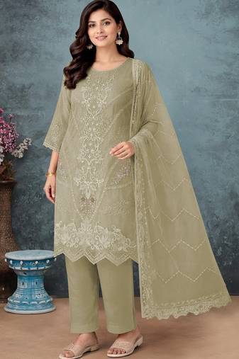 Green chiffon semi stitched suit with embroidery thread & khatli work