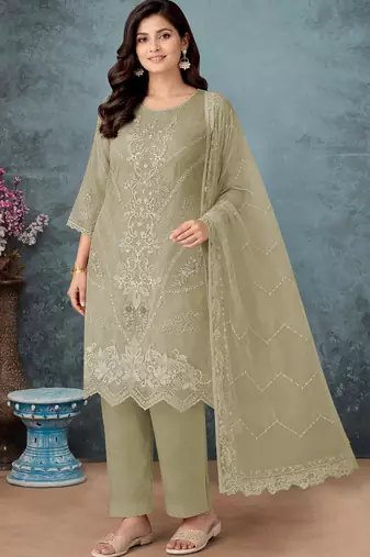Green chiffon semi stitched suit with embroidery thread & khatli work