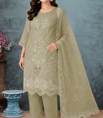 Green chiffon semi stitched suit with embroidery thread & khatli work