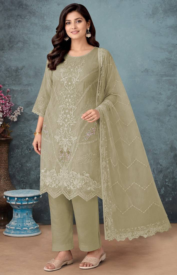 Green chiffon semi stitched suit with embroidery thread & khatli work