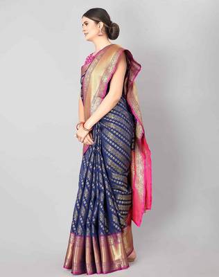 Navy blue woven art silk traditional saree with blouse piece 2
