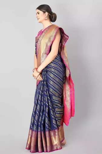 Navy blue woven art silk traditional saree with blouse piece