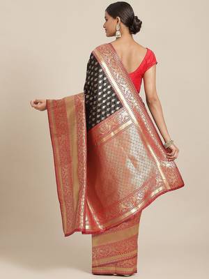 Black woven art silk traditional saree with blouse piece 2