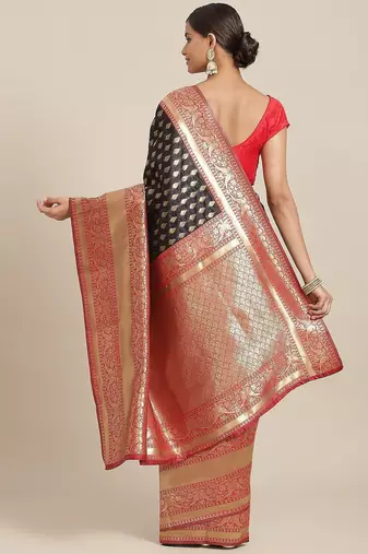 Black woven art silk traditional saree with blouse piece
