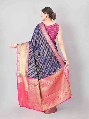 Navy blue woven art silk traditional saree with blouse piece 3