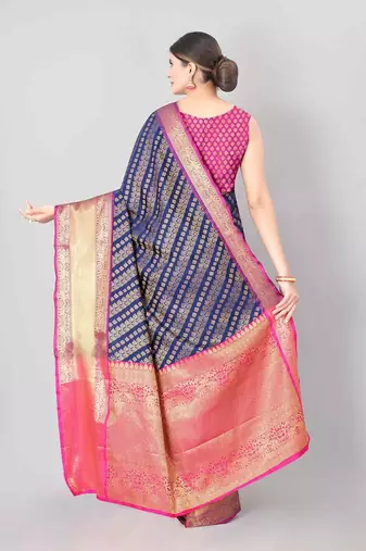 Navy blue woven art silk traditional saree with blouse piece