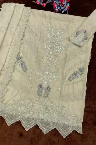 Green chiffon semi stitched suit with embroidery thread & khatli work