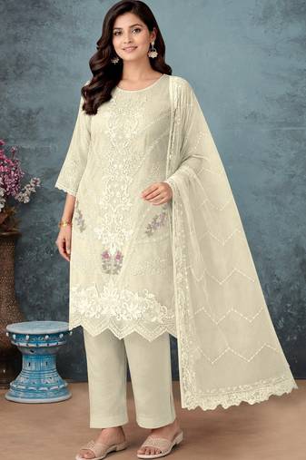 White chiffon semi stitched suit with embroidery thread & khatli work