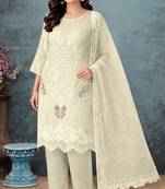 White chiffon semi stitched suit with embroidery thread & khatli work