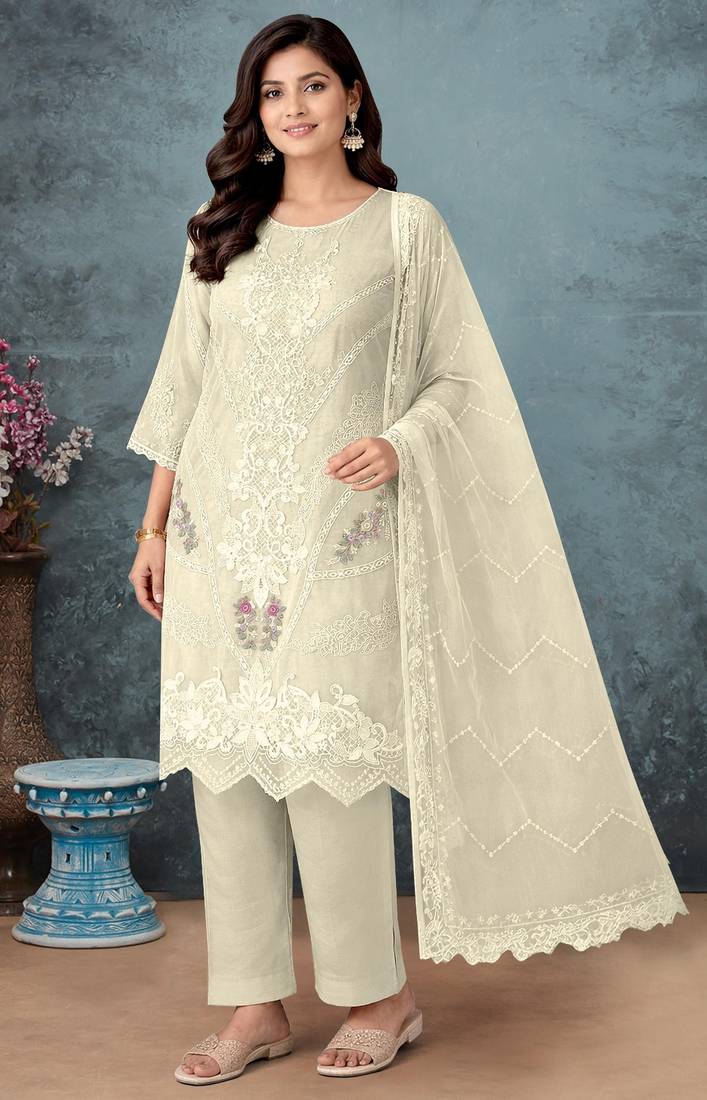 White chiffon semi stitched suit with embroidery thread & khatli work