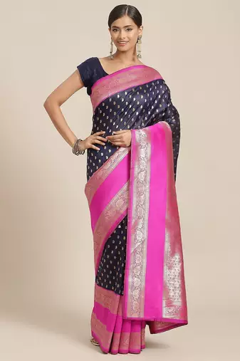 Navy blue woven art silk traditional saree with blouse piece