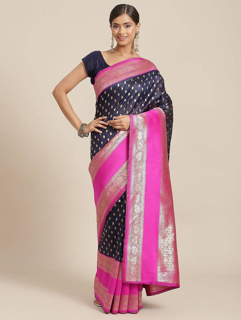 Navy blue woven art silk traditional saree with blouse piece