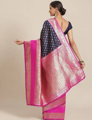 Navy blue woven art silk traditional saree with blouse piece 2