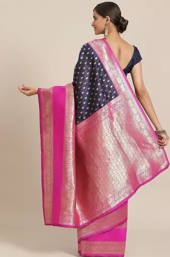 Navy blue woven art silk traditional saree with blouse piece