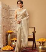 Beige plain silk cotton party wear saree with blouse piece