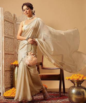Beige plain silk cotton party wear saree with blouse piece 2