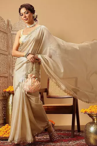Beige plain silk cotton party wear saree with blouse piece