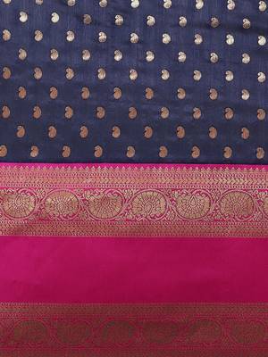 Navy blue woven art silk traditional saree with blouse piece 3