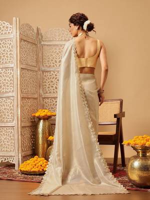 Beige plain silk cotton party wear saree with blouse piece 3