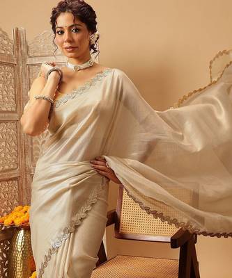 Beige plain silk cotton party wear saree with blouse piece 4