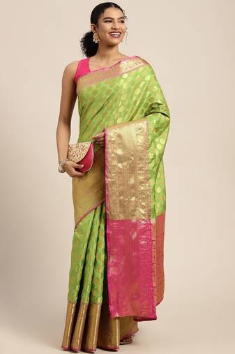 Green woven cotton blend traditional saree with blouse piece