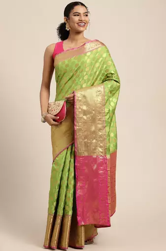 Green woven cotton blend traditional saree with blouse piece