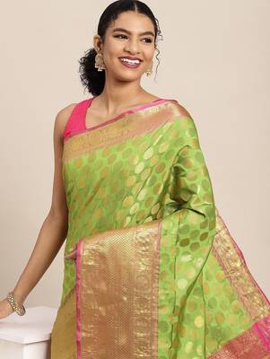 Green woven cotton blend traditional saree with blouse piece 2