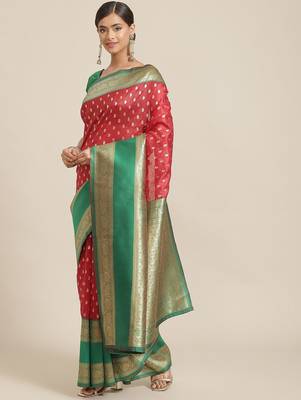 Red woven art silk traditional saree with blouse piece 1