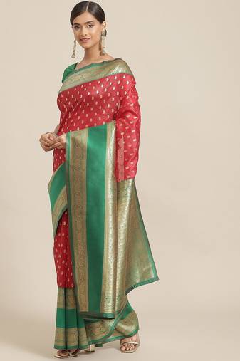 Red woven art silk traditional saree with blouse piece