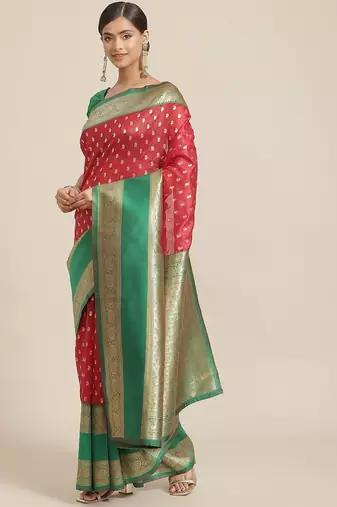 Red woven art silk traditional saree with blouse piece