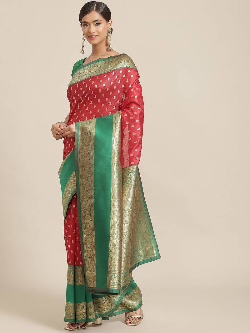 Red woven art silk traditional saree with blouse piece