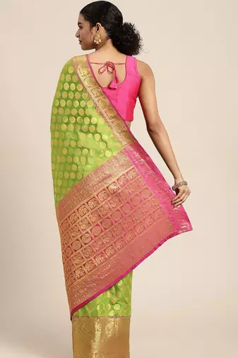 Green woven cotton blend traditional saree with blouse piece