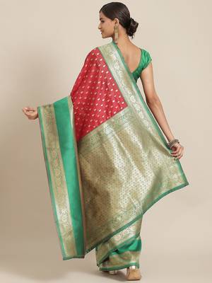 Red woven art silk traditional saree with blouse piece 2