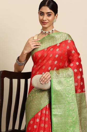 Red woven art silk traditional saree with blouse piece