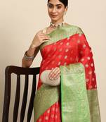 Red woven art silk traditional saree with blouse piece