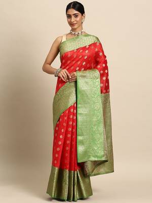 Red woven art silk traditional saree with blouse piece 2