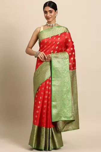 Red woven art silk traditional saree with blouse piece
