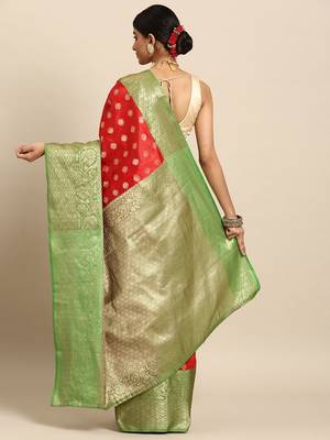 Red woven art silk traditional saree with blouse piece 3
