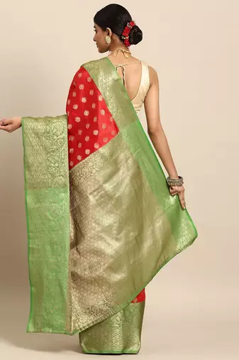 Red woven art silk traditional saree with blouse piece